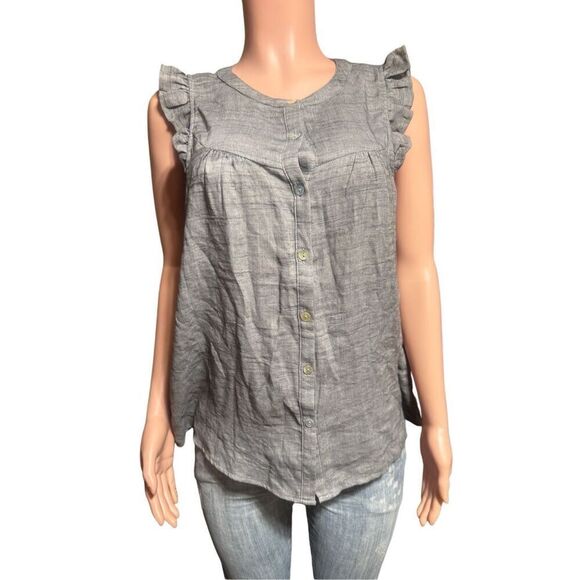 Doe&Rae women's button-up sleeveless ruffle shoulders charcoal tunic top S, M,L - Picture 1 of 6